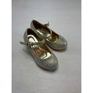 Link Girls Gold Rhinestone Mary Jane Heels Dress Shoes Size 9 Sparkly Pageant